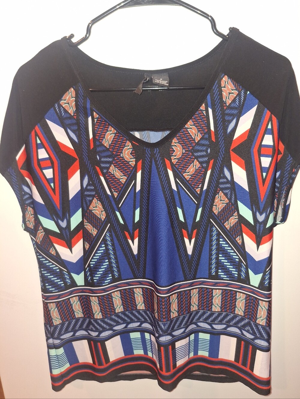 new directions Blue Geometric Print Short Sleeve Top with Red Accents